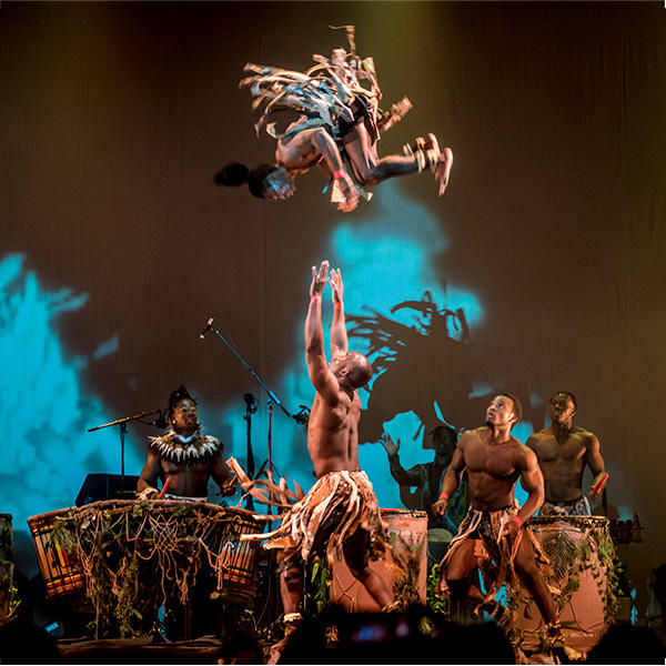 African circus group perform drumming and acrobats.