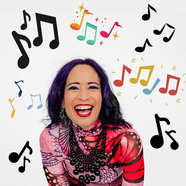 Woman with purple hair surrounded by music notes